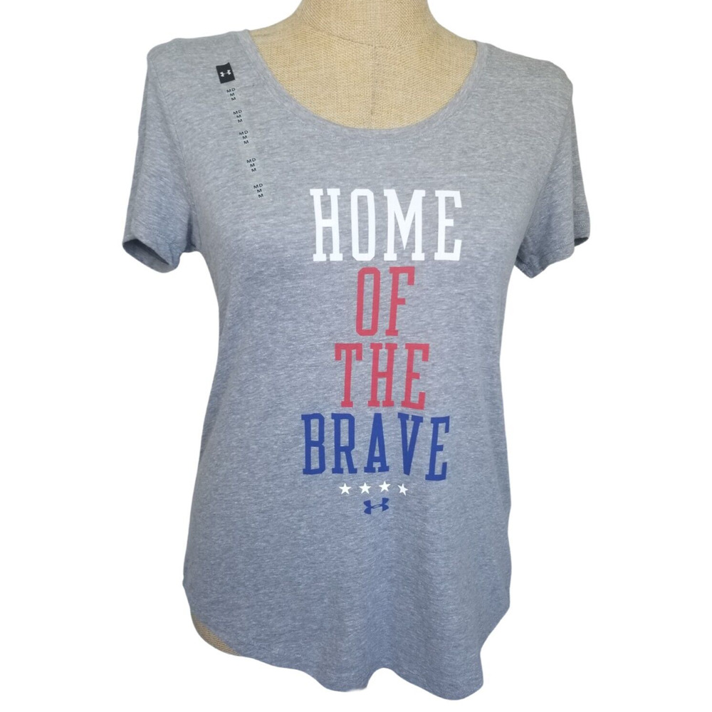 Under Armour T Shirt Medium Loose Fit Gray Patriotic Home of The Brave July 4th